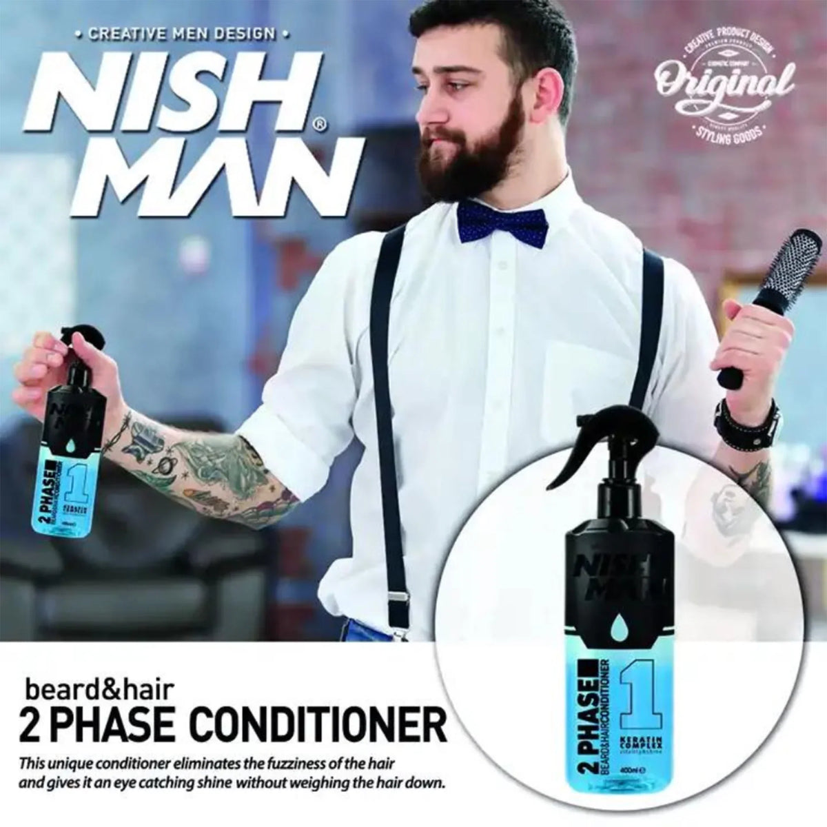 Nish Man Après-Shampoing Cheveux & Barbe 2 Phases Kératine 400ml - Lot de 3