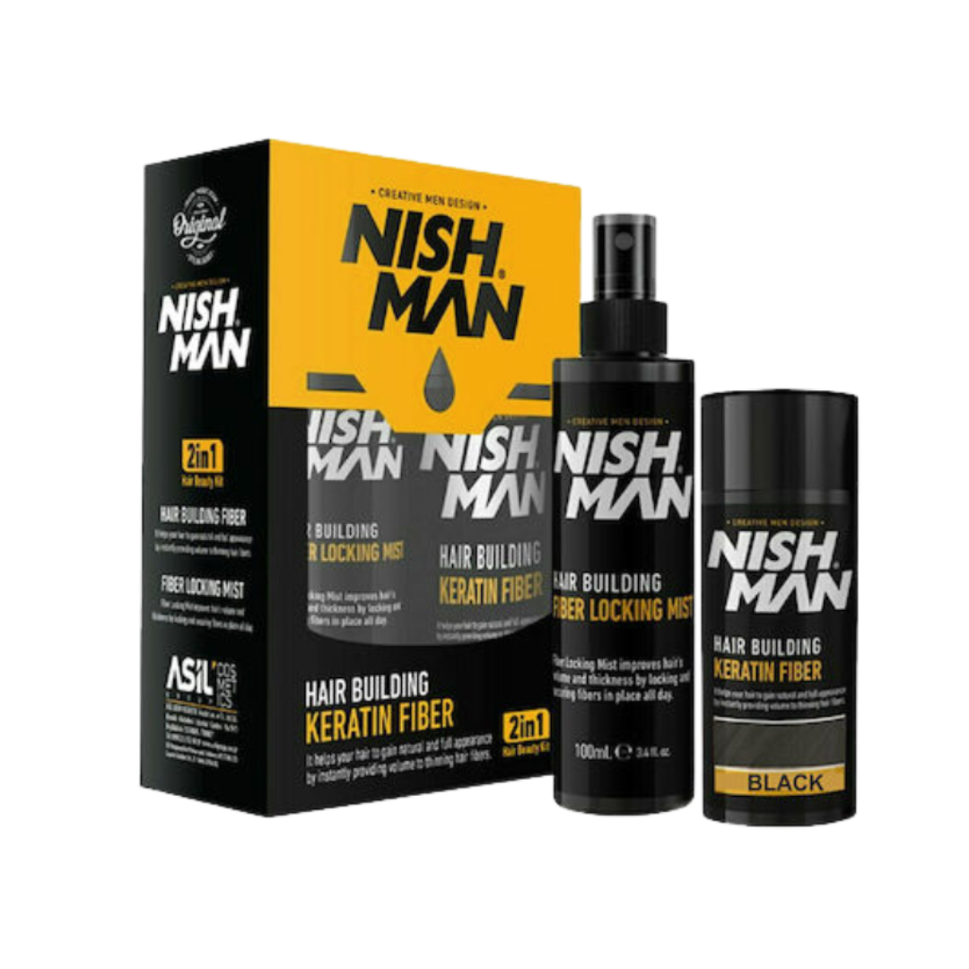 Nish Man Haaraufbauende Keratinfasern Schwarz Kit + Fixierspray