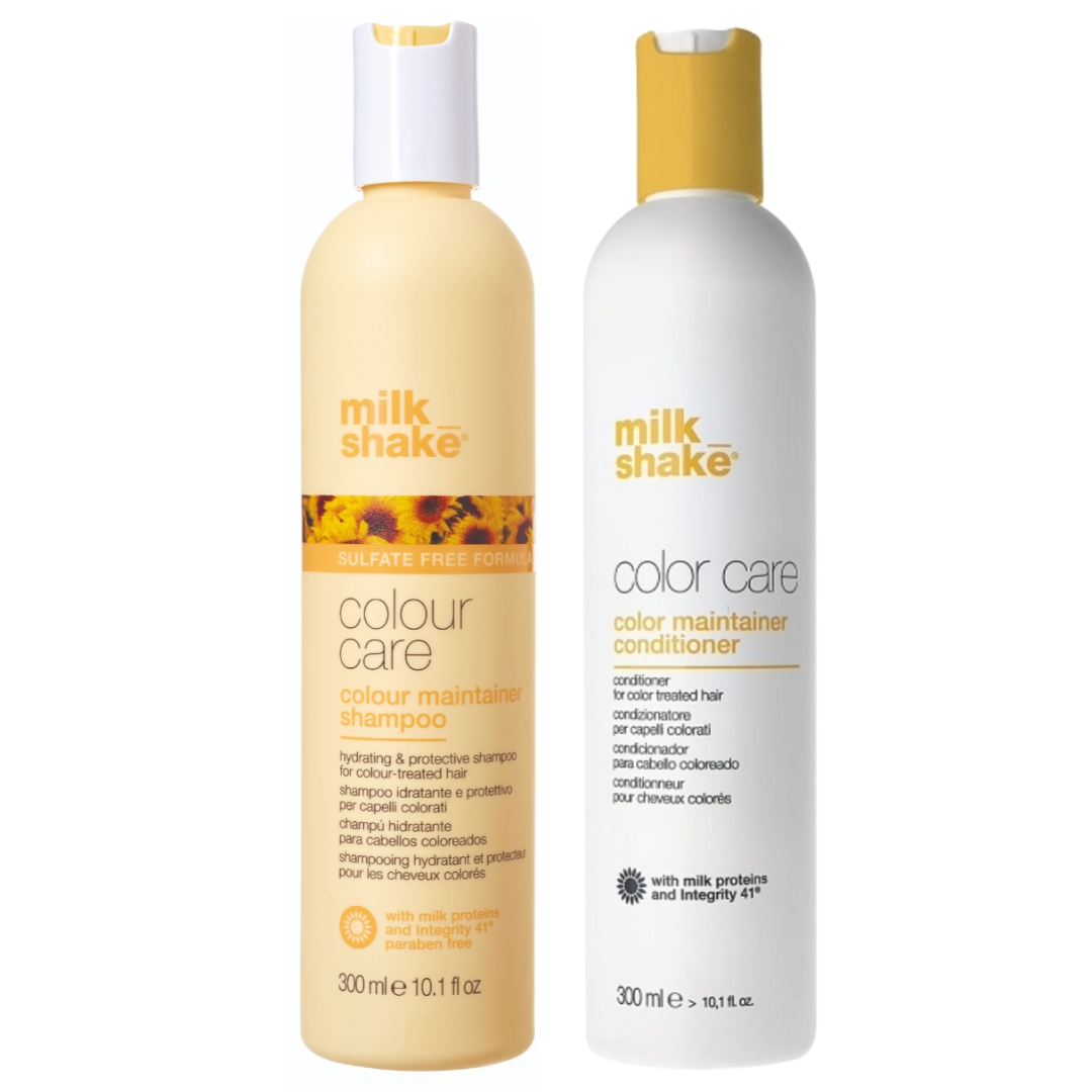 Two bottles of Milkshake hair care products, one labeled as Colour Care Shampoo and the other as Colour Maintainer Conditioner, each with a capacity of 300ml.