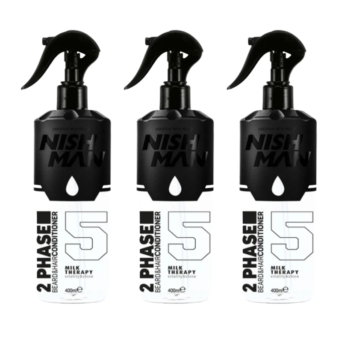 Nish Man Après-shampoing Barbe et Cheveux 2 Phases MILK THERAPY 400ml - Lot de 3