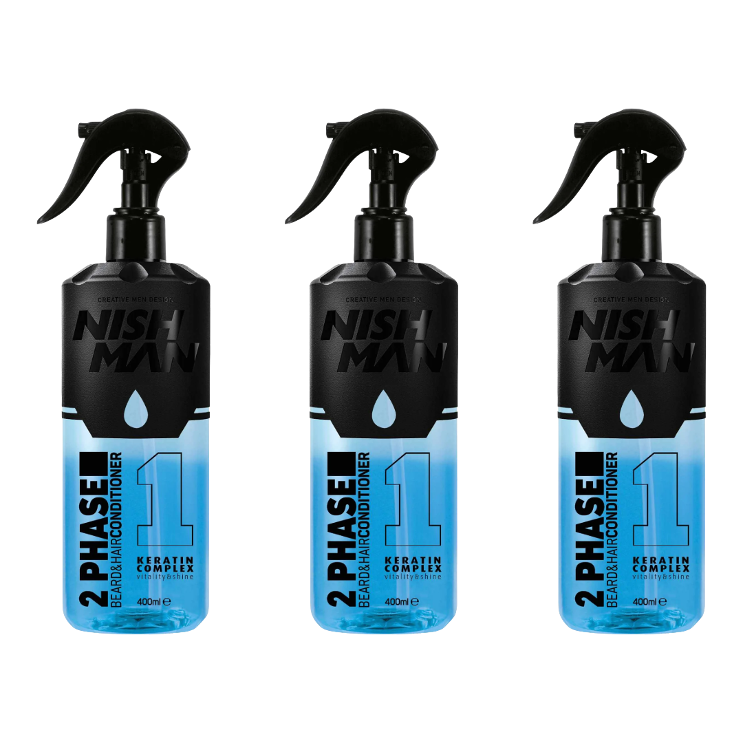 Nish Man Après-Shampoing Cheveux & Barbe 2 Phases Kératine 400ml - Lot de 3