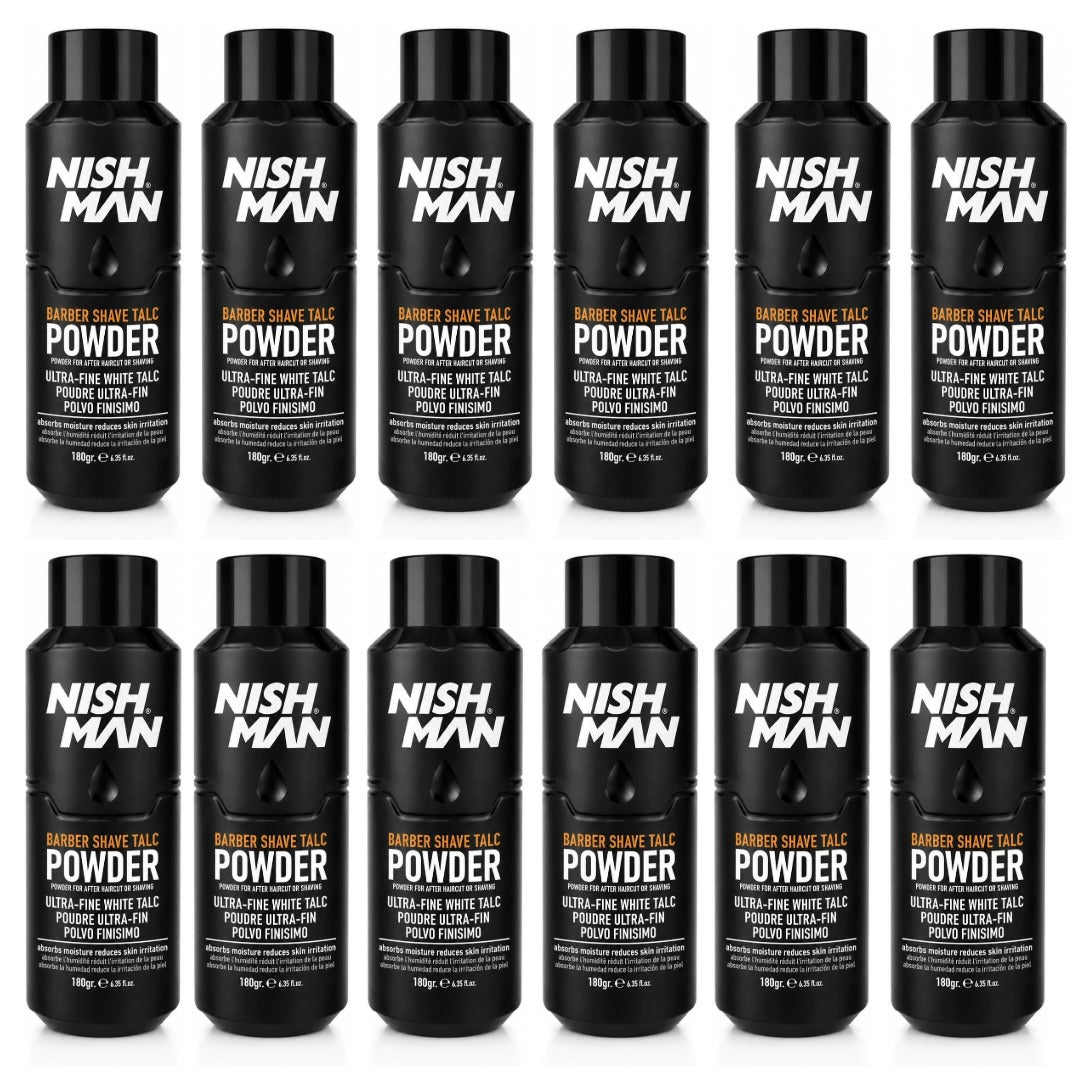 Nish Man Barber Shave Talc Puder 180g - 12 STK