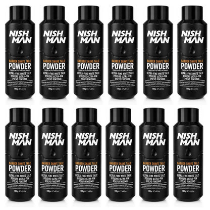 Nish Man Barber Shave Talc Puder 180g - 12 STK
