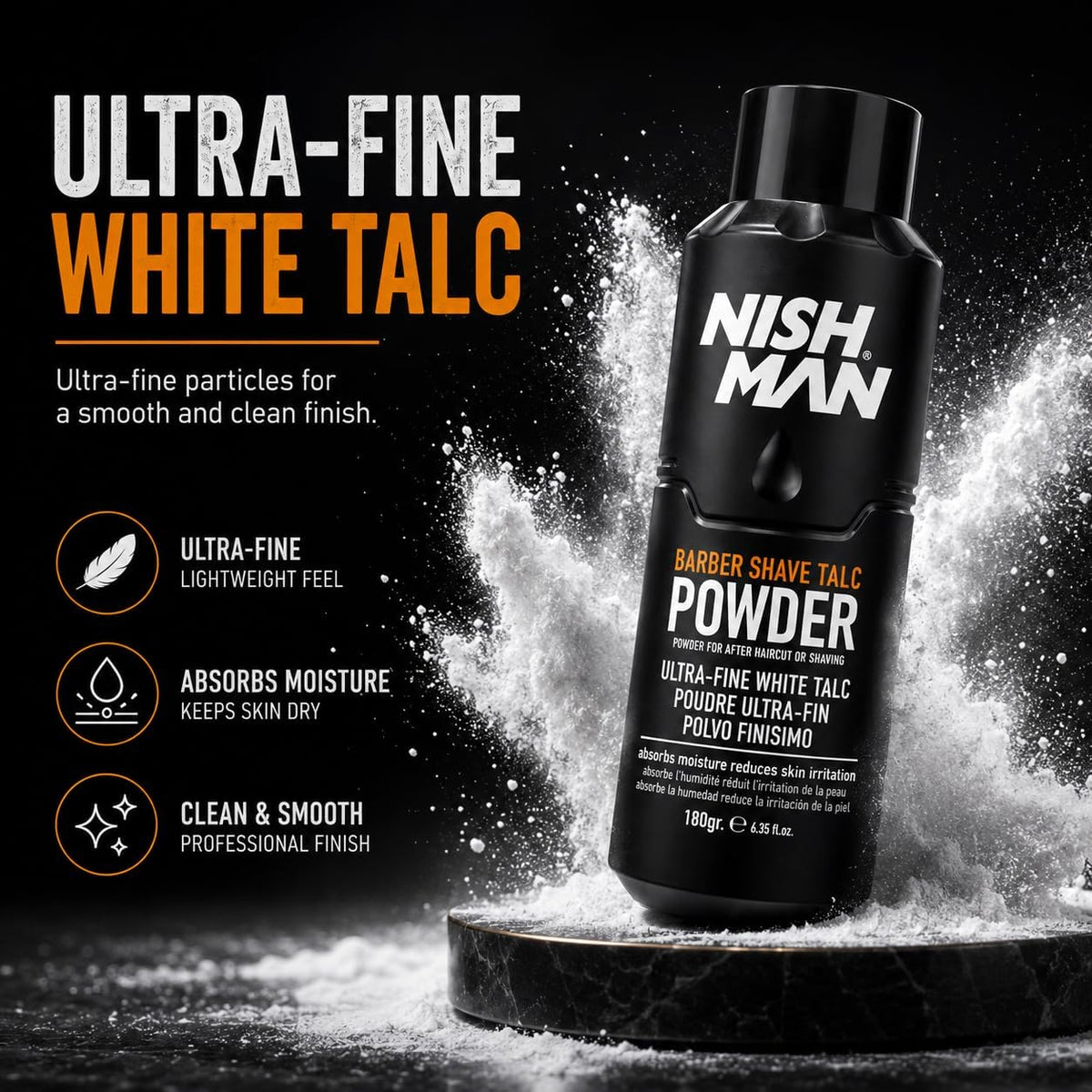 Nish Man Barber Shave Talc Puder 180g - 12 STK